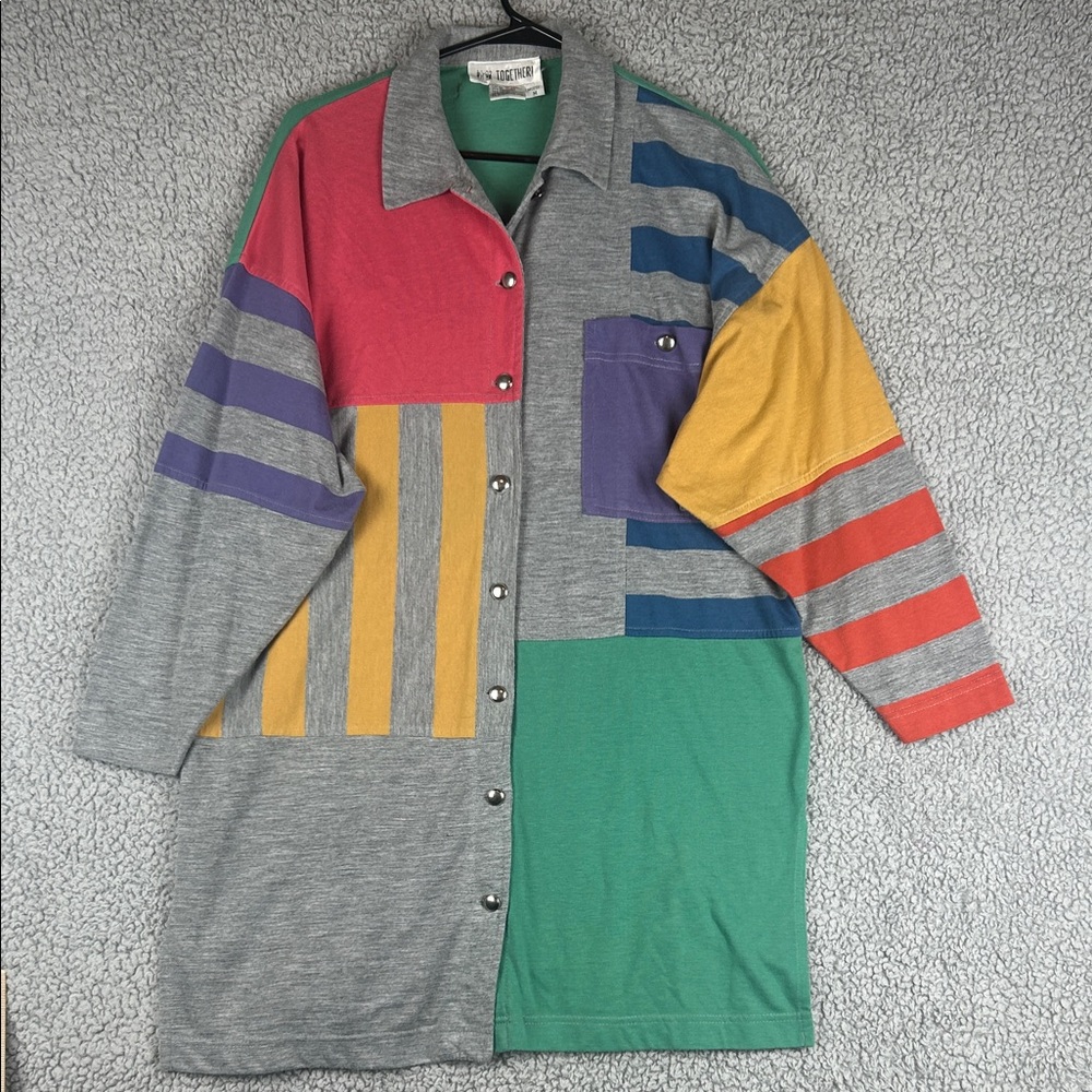 Together Missy Oversized Multicolor Top Tunic Dress Button Front Collared Size M
